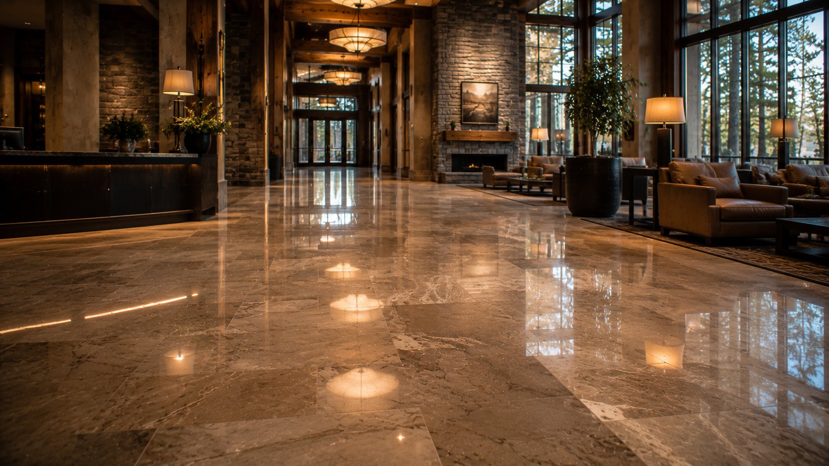 Commercial stone restoration — hotel lobby, resort, and spa surfaces